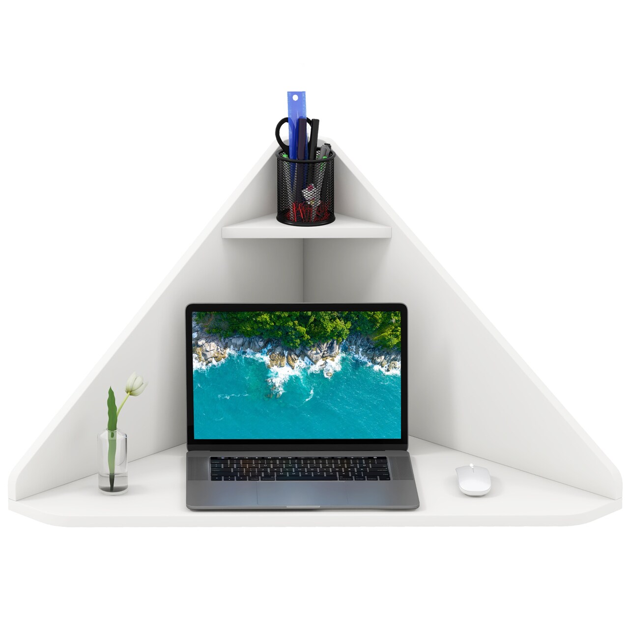 Floating Triangular Corner Computer Desk with Storage Shelf Wall-Mounted